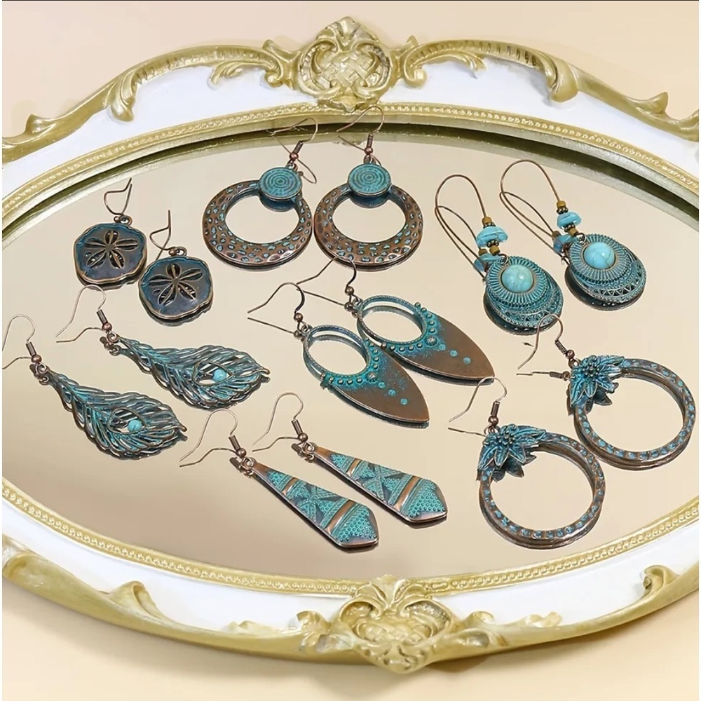 7 Pairs Turquoise Boho Rustic Geometric Earrings